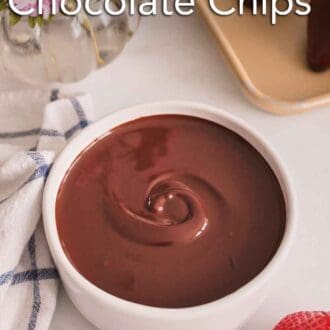 Pinterest graphic of a bowl of melted chocolate. Strawberries scattered on the side and a vase of flowers in the back along with chocolate dipped strawberries on a sheet pan.