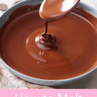 Pinterest graphic of a spoon lifted from a bowl of melted chocolate with some drizzling off the spoon.