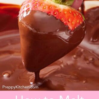 Pinterest graphic of a strawberry dipped into melted chocolate.