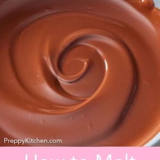 Pinterest graphic of a close up view of a bowl of melted chocolate.