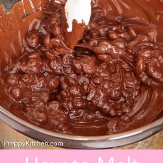 Pinterest graphic of chocolate chips melted in a bowl being stirred with a spatula.