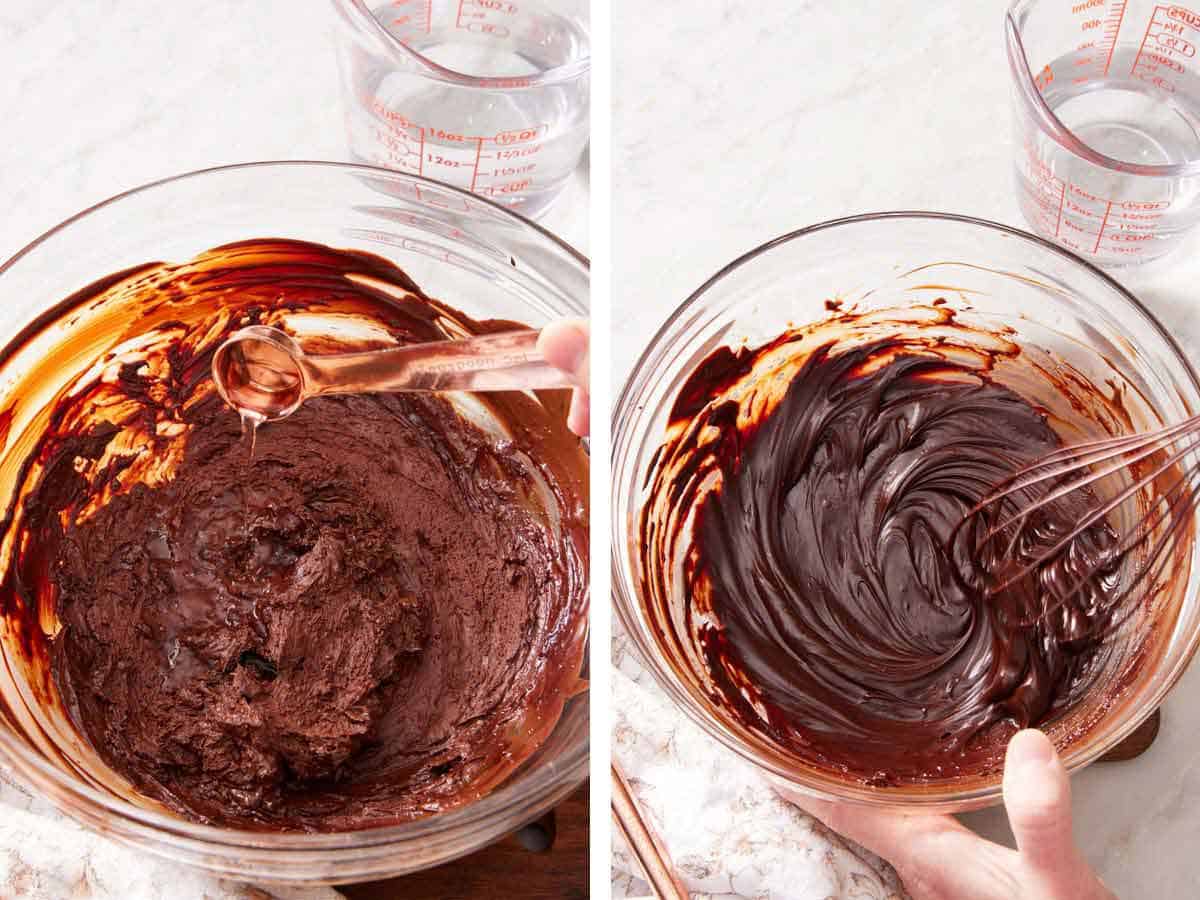 Set of two photos showing how to fix seized melted chocolate.