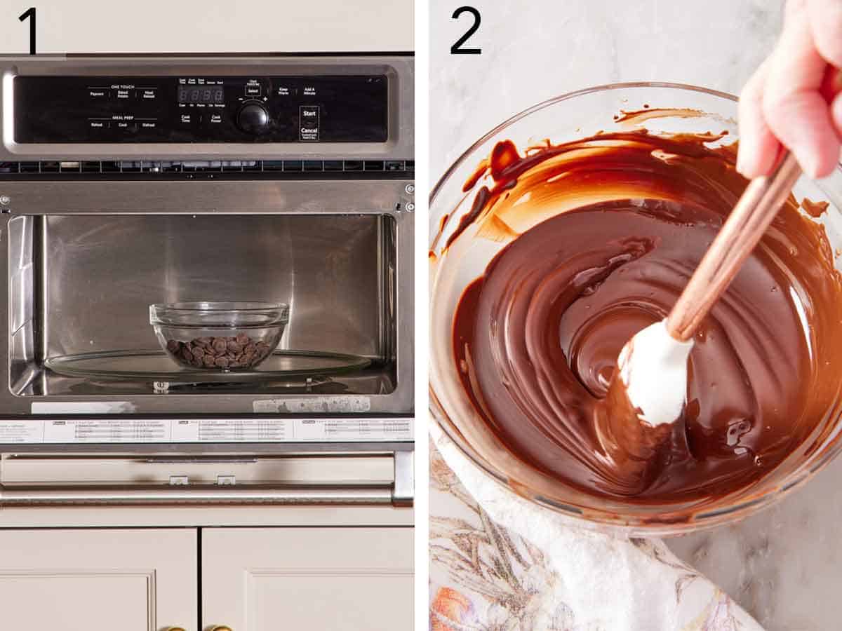 Set of two photos showing chocolate chips in a bowl placed in a microwave to melt.