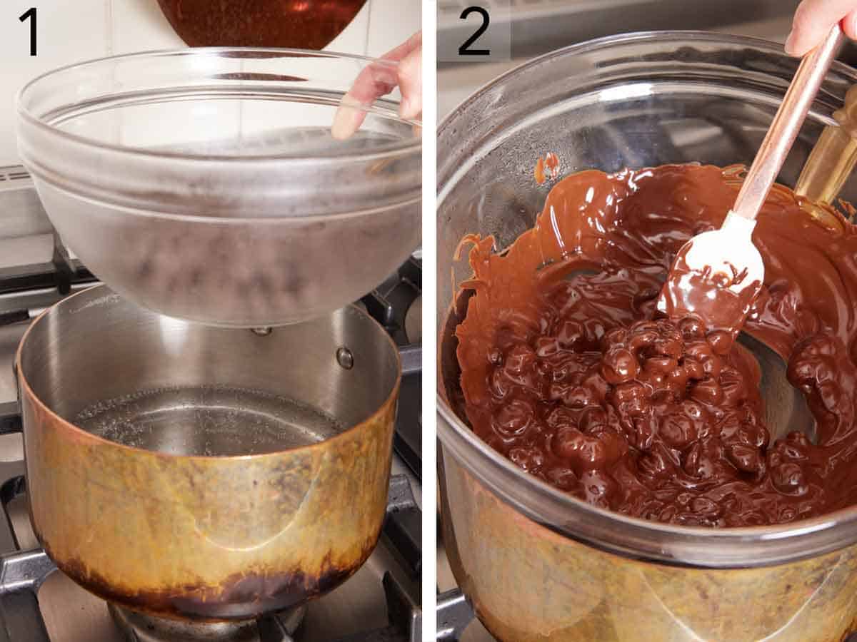 Set of two photos showing chocolate chips melted on the stovetop over a pot of water.