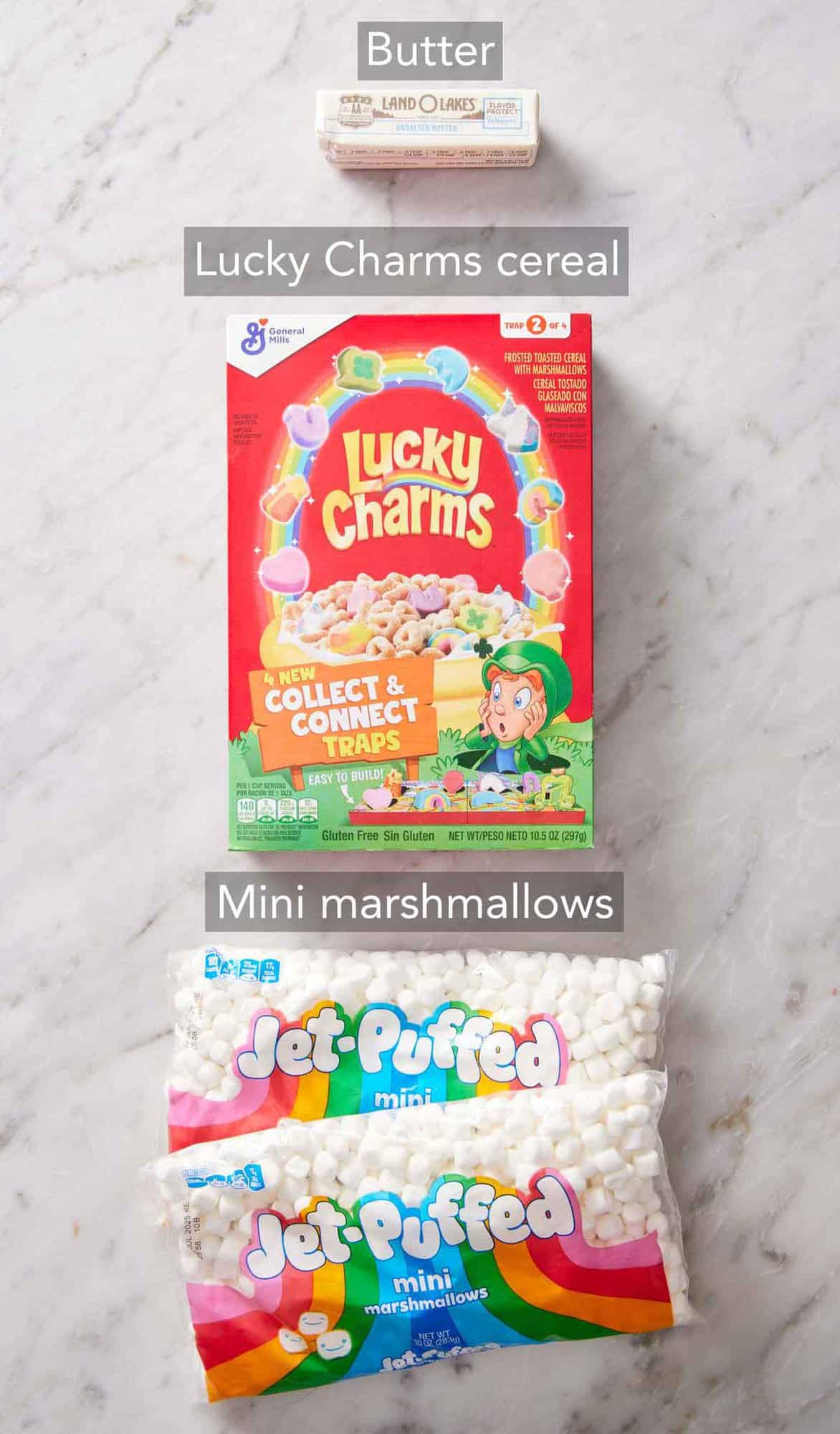 Ingredients needed to make Lucky Charms treats.