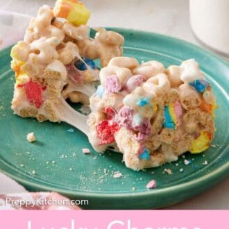 Pinterest graphic of a plate with a Lucky Charms treat torn opened, showing the melty marshmallows.