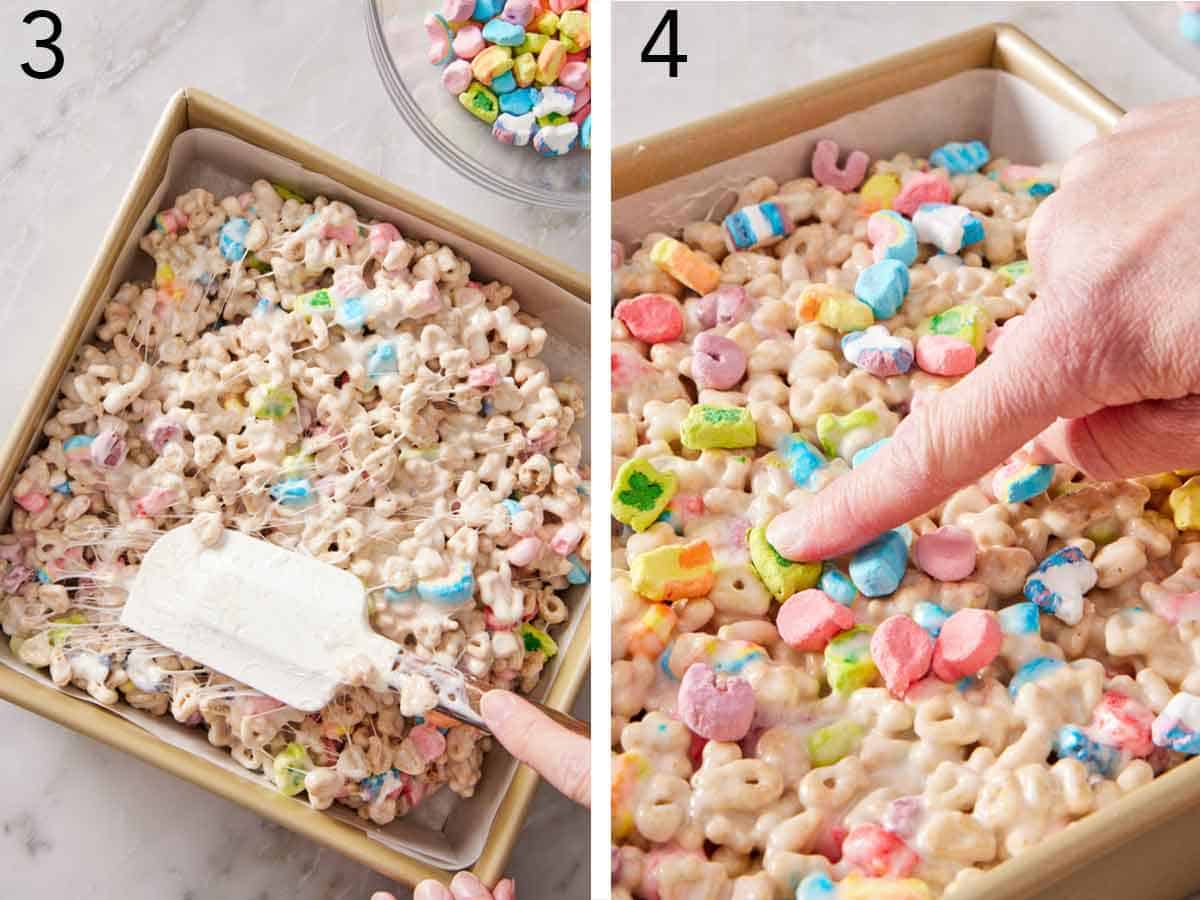 Set of two photos showing Lucky Charms mixture pressed into a lined sheet pan and marshmallows pressed on top.