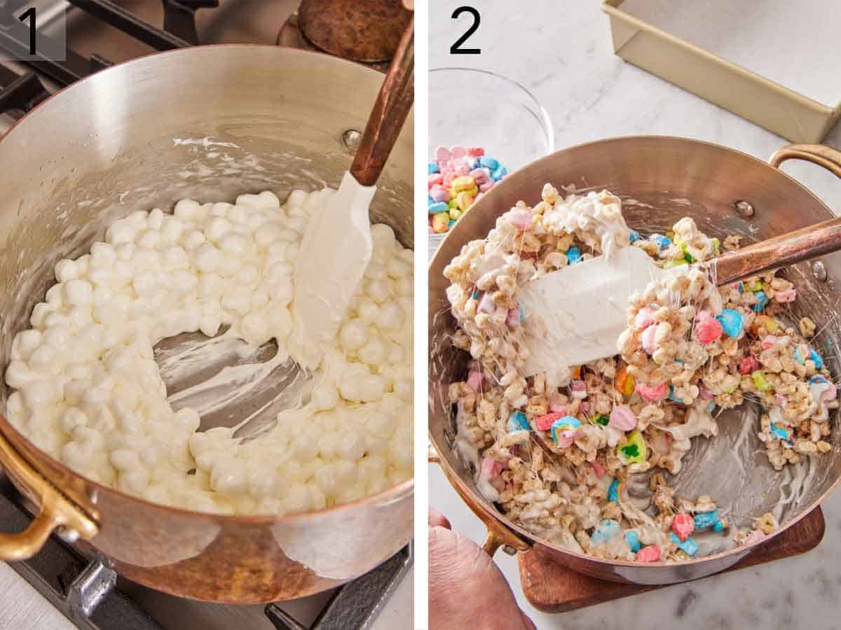 Set of two photos showing mini marshmallows melted in a pot and Lucky Charms cereal mixed in.