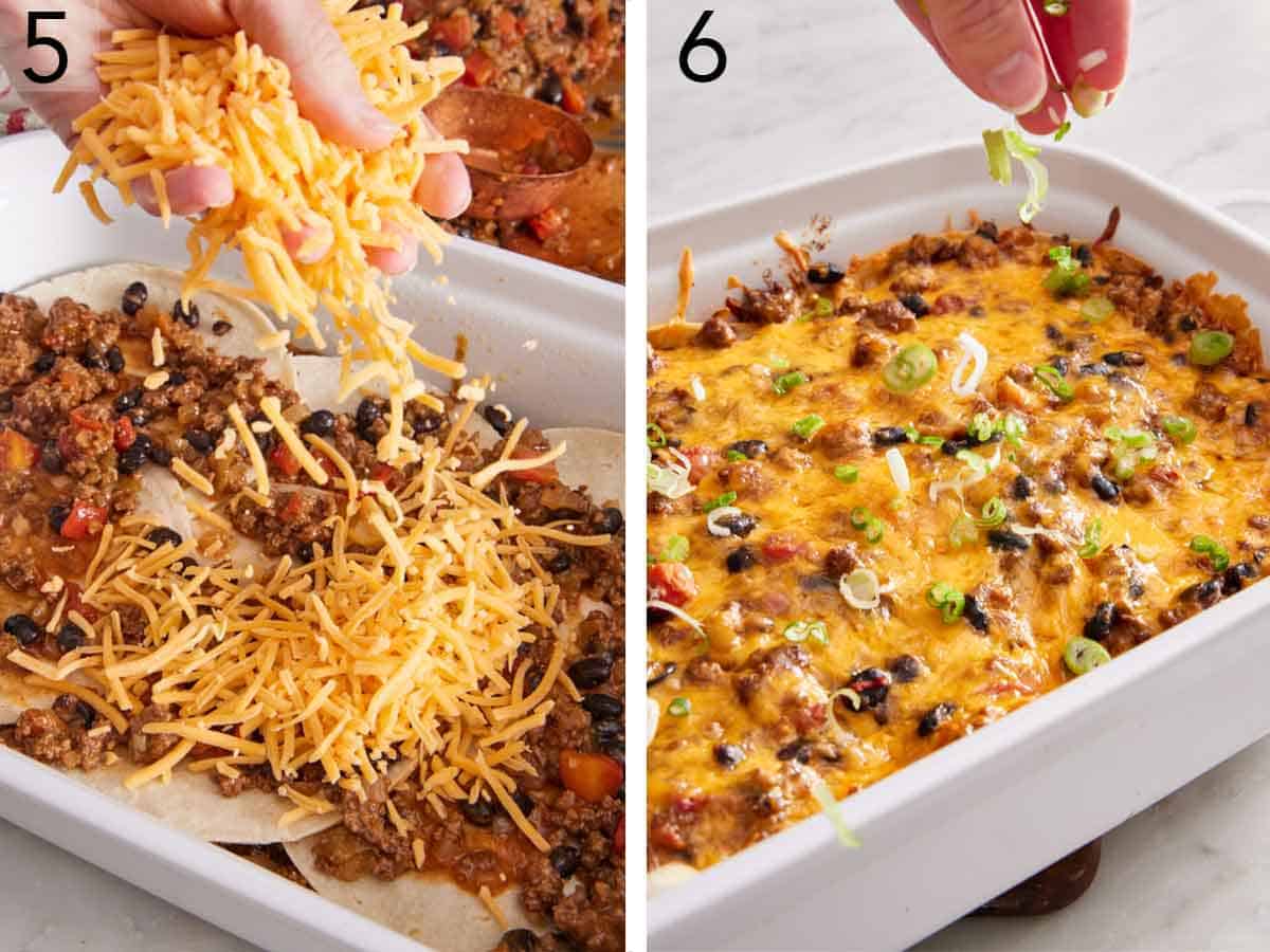 Set of two photos showing shredded cheese added over the baking dish then once baked, garnished with green onions.