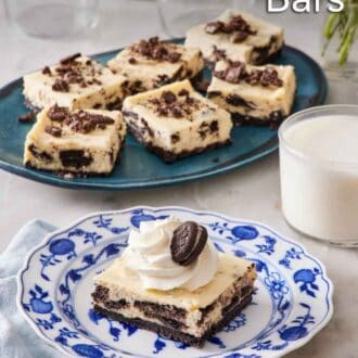 Pinterest graphic of a piece of Oreo cheesecake bar on a plate with a platter with more in the background along with a glass of milk.