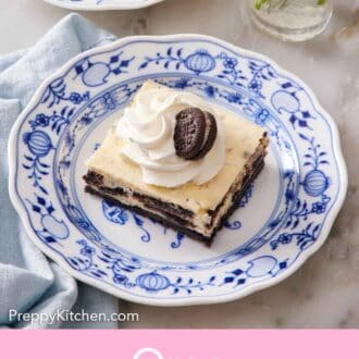 Pinterest graphic of a plate with an Oreo cheesecake bar topped with whipped cream and an Oreo cookie.