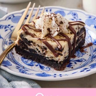 Pinterest graphic of an Oreo cheesecake bar on a plate with chocolate drizzled on top and a dollop of whipped cream. A fork on the plate.