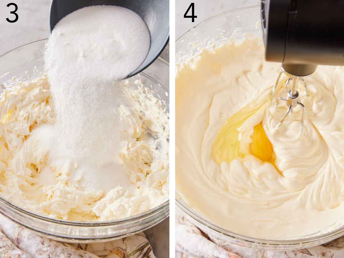 Set of two photos showing sugar added to a bowl of beaten cream cheese and then eggs beaten into the mixture.