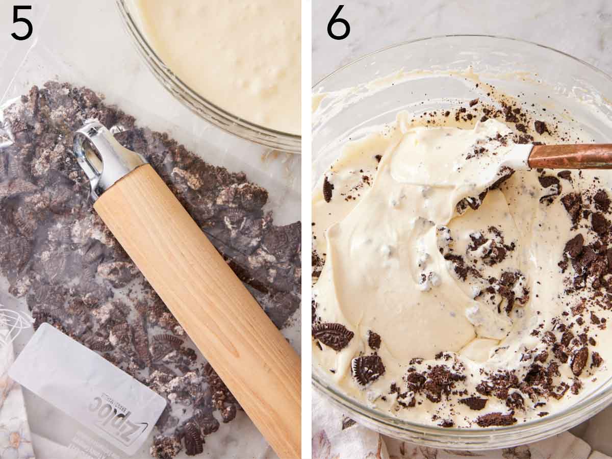 Set of two photos showing Oreo cookies crushed with a rolling pin and folded into the batter.