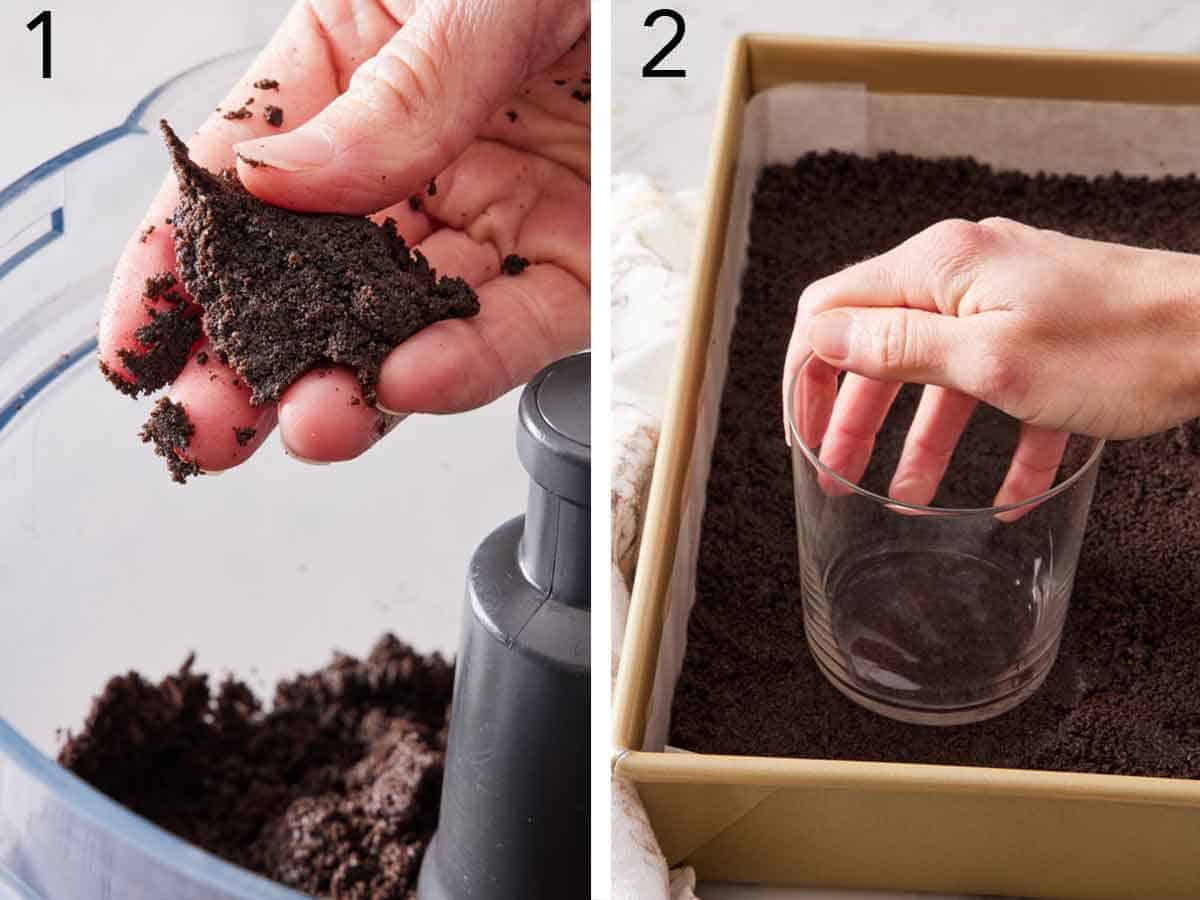 Set of two photos showing Oreo cookies processed in a food processor and then pressed into a lined baking dish.