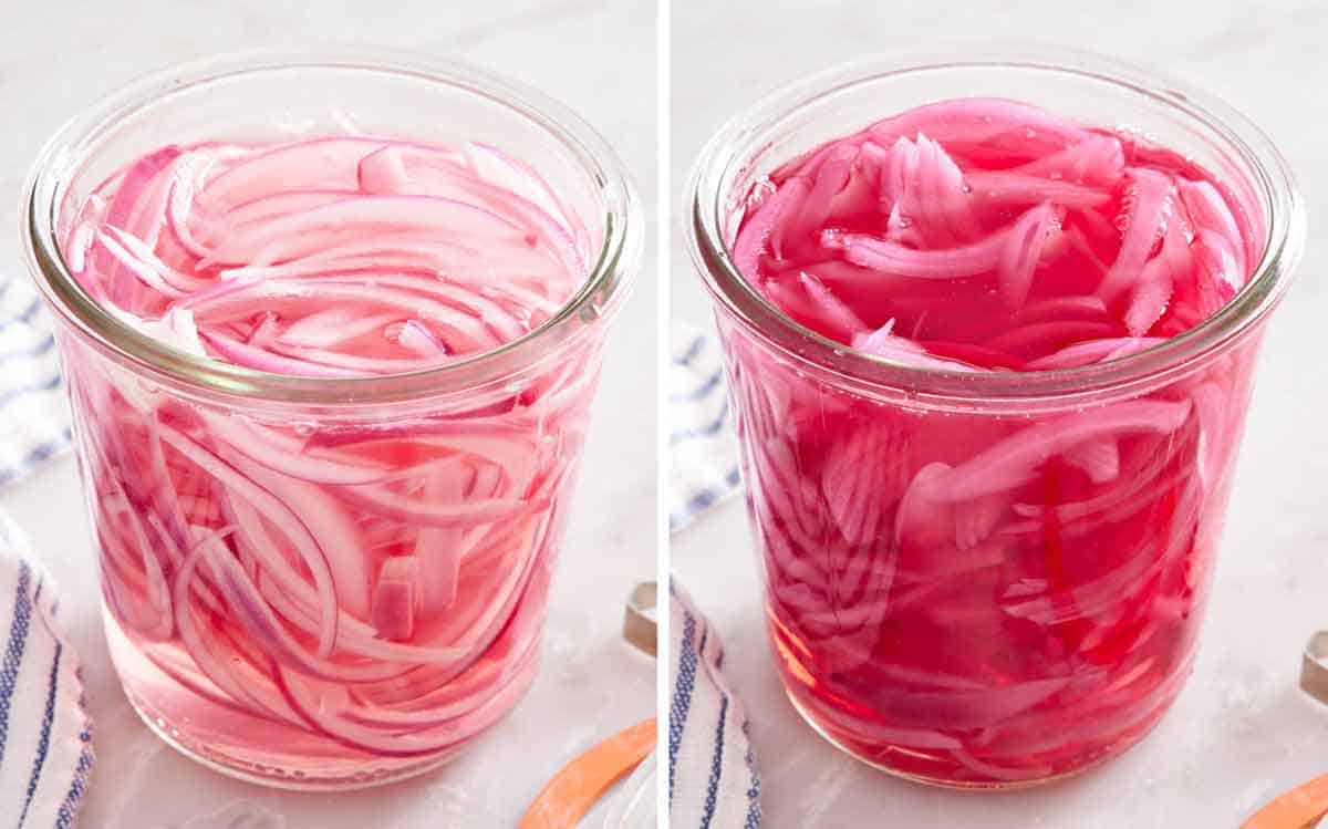 Set of two photos showing before and after the pickled onions are ready.