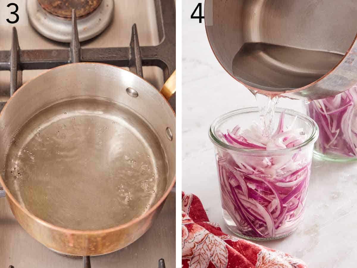 Set of two photos showing vinegar, water, salt and sugar simmered in a pot and poured over the red onions.