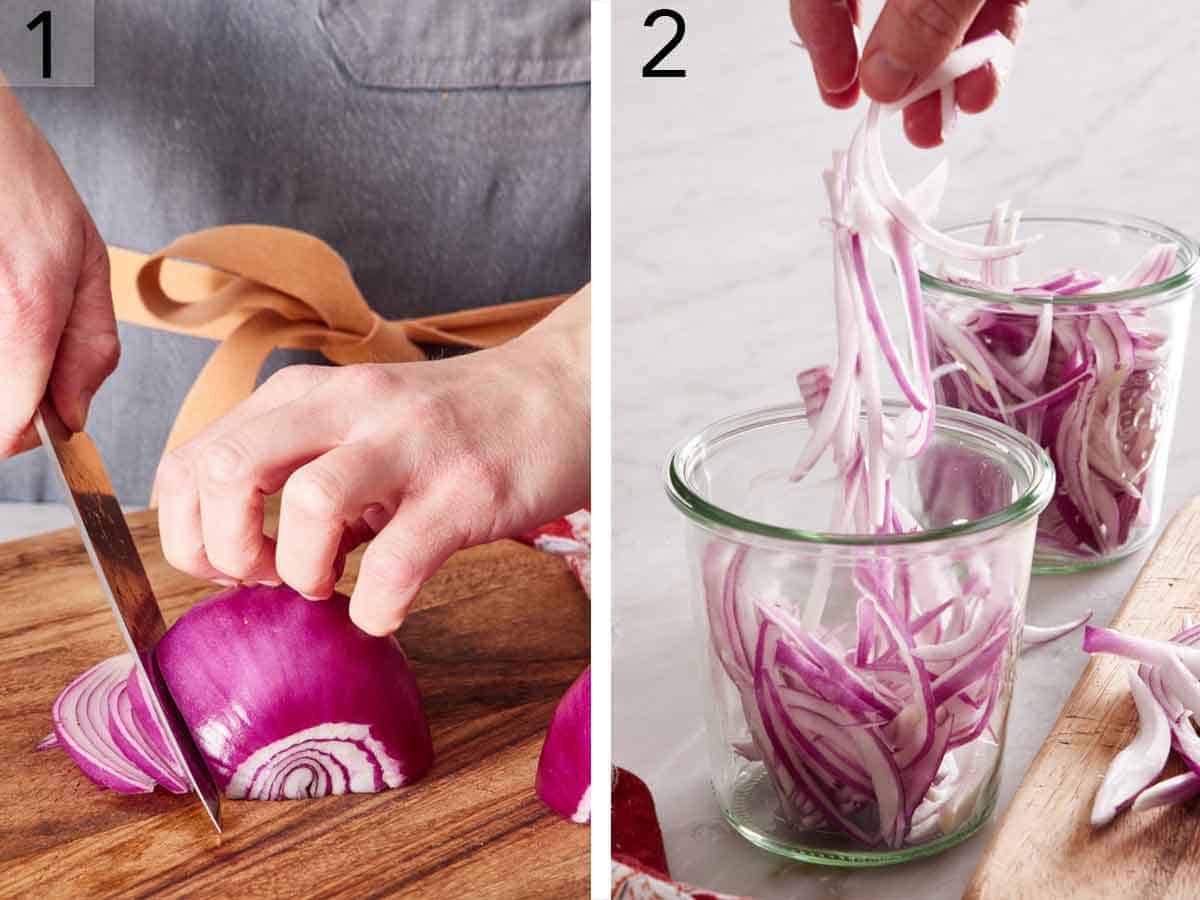 Set of two photos showing a red onion sliced and placed into a jar.