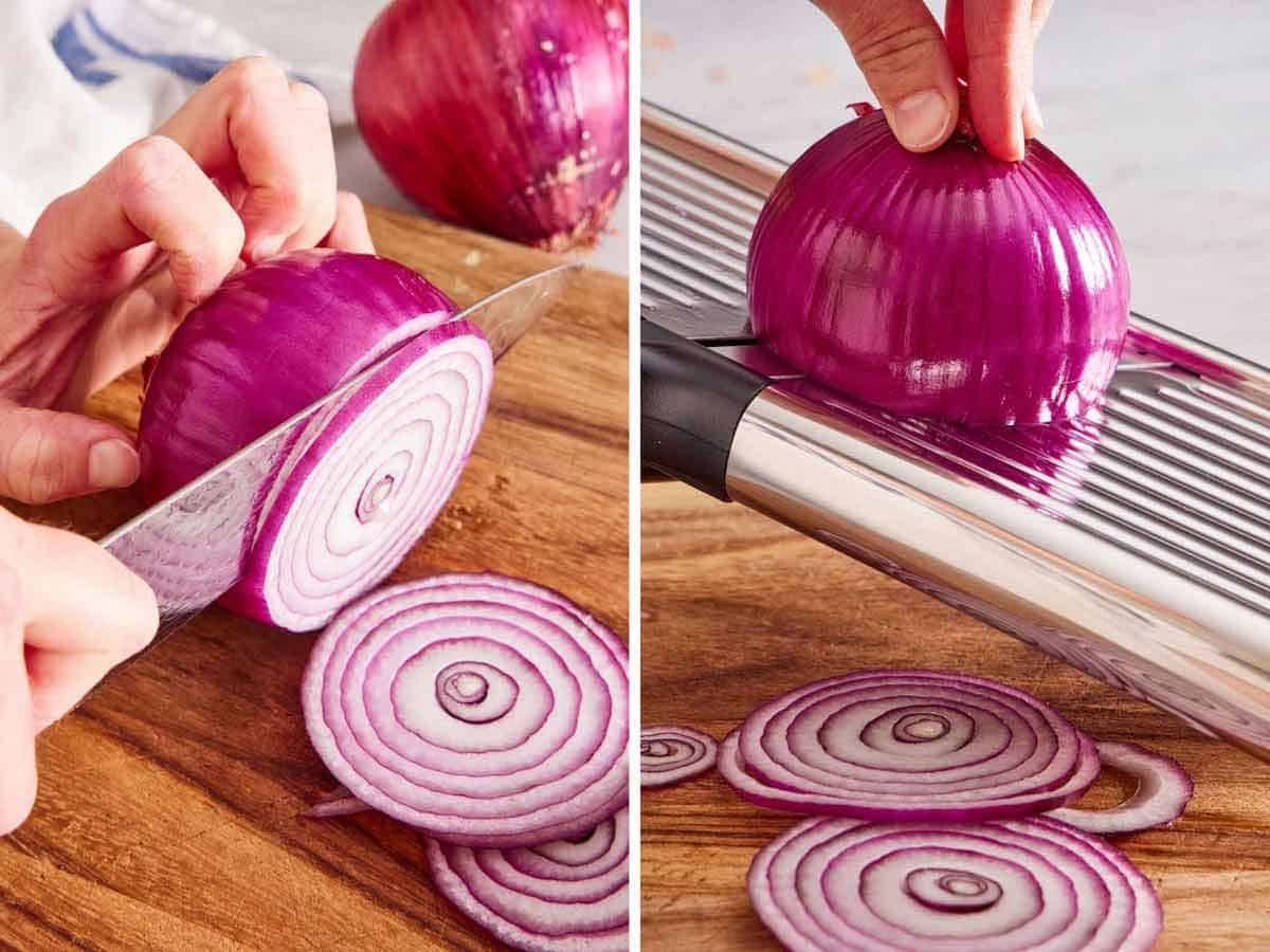 Set of two photos showing a red onion cut into rounds and sliced in a mandoline.