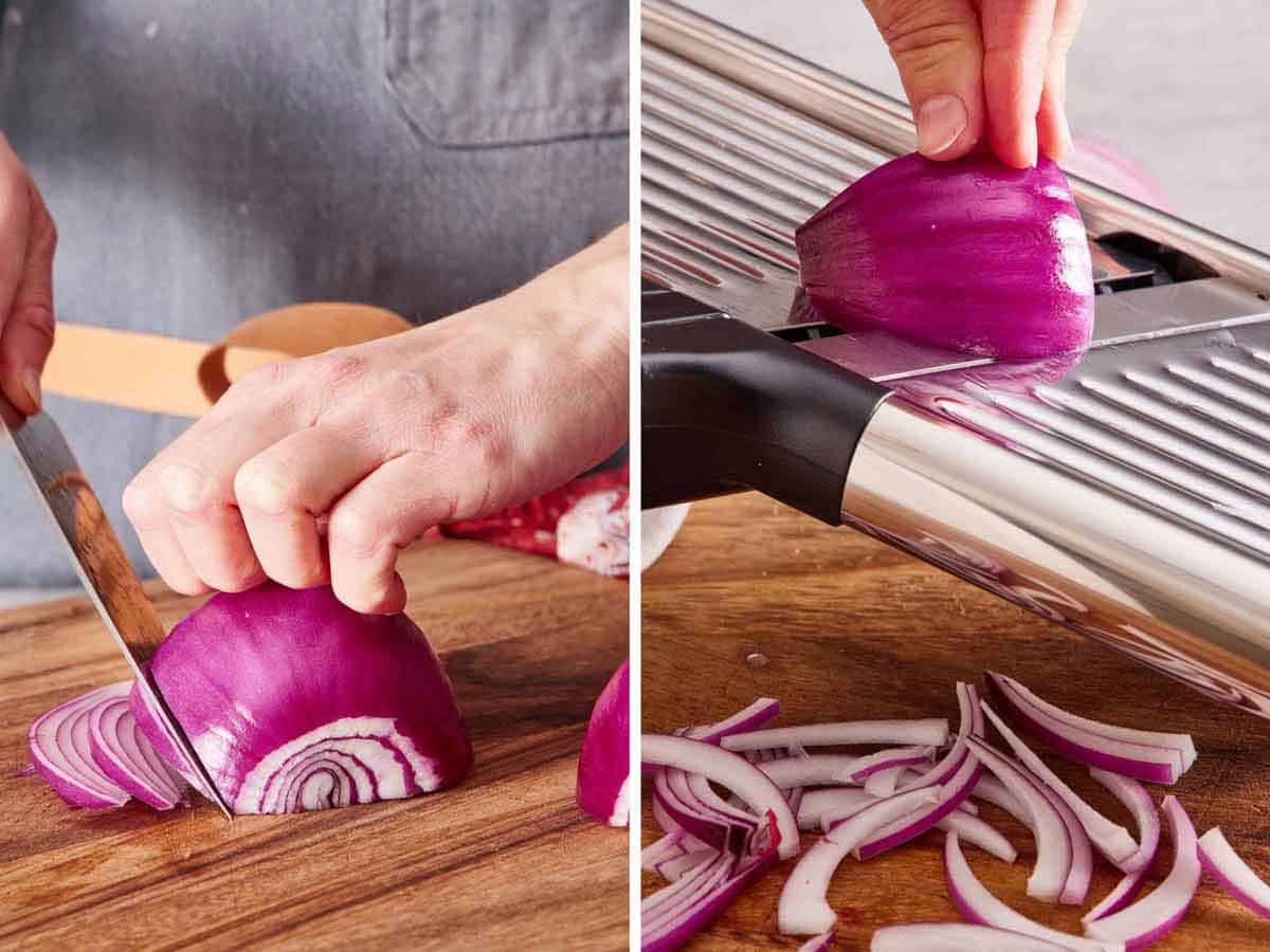 Set of two photos showing a red onion sliced thinly and run through a mandoline.