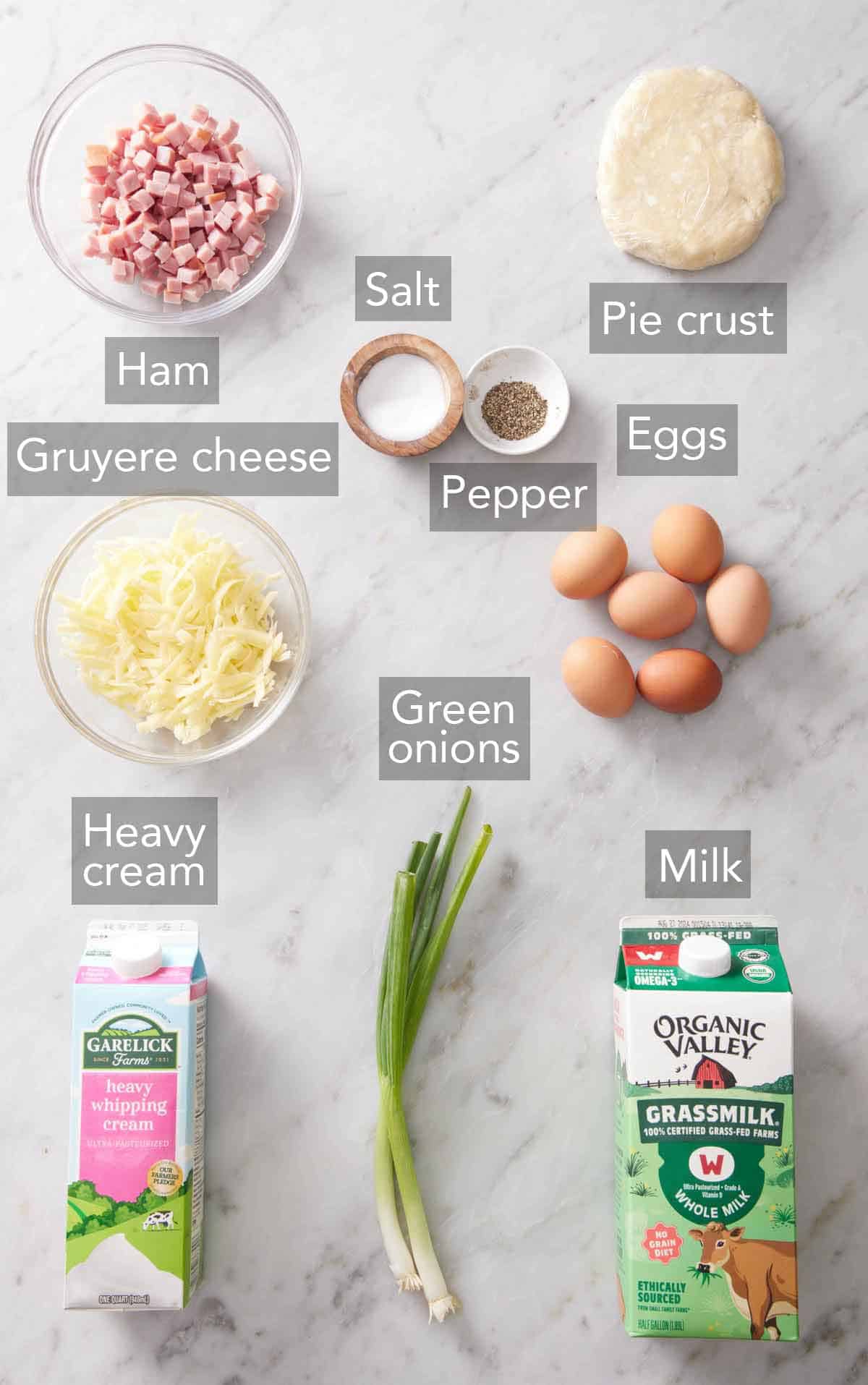 Ingredients needed to make a quiche.