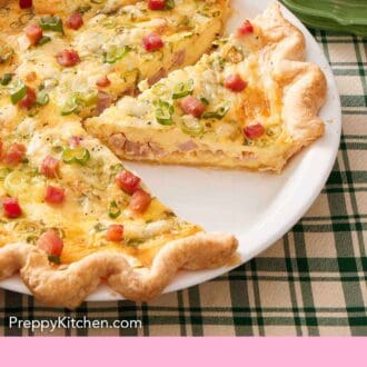 Pinterest graphic of a partially cut quiche in a baking dish.