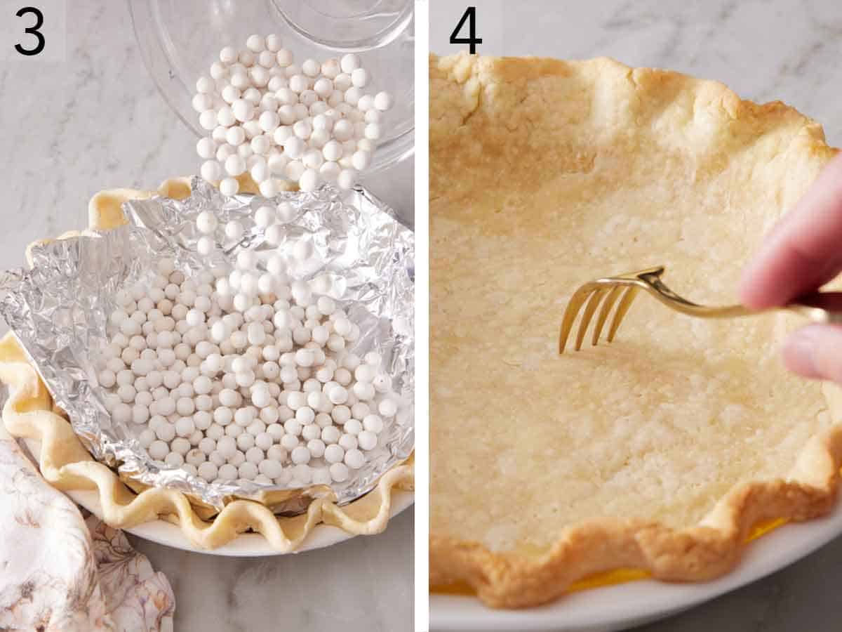 Set of two photos showing pie weights added to the pie crust and then a fork poking into the baked crust.