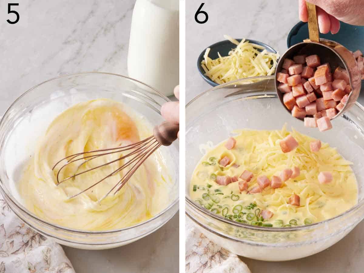 Set of two photos showing eggs whisked with dairy and fillings added.