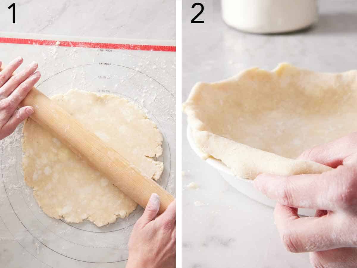 Set of two photos showing pie crust rolled out and then placed in a baking dish.