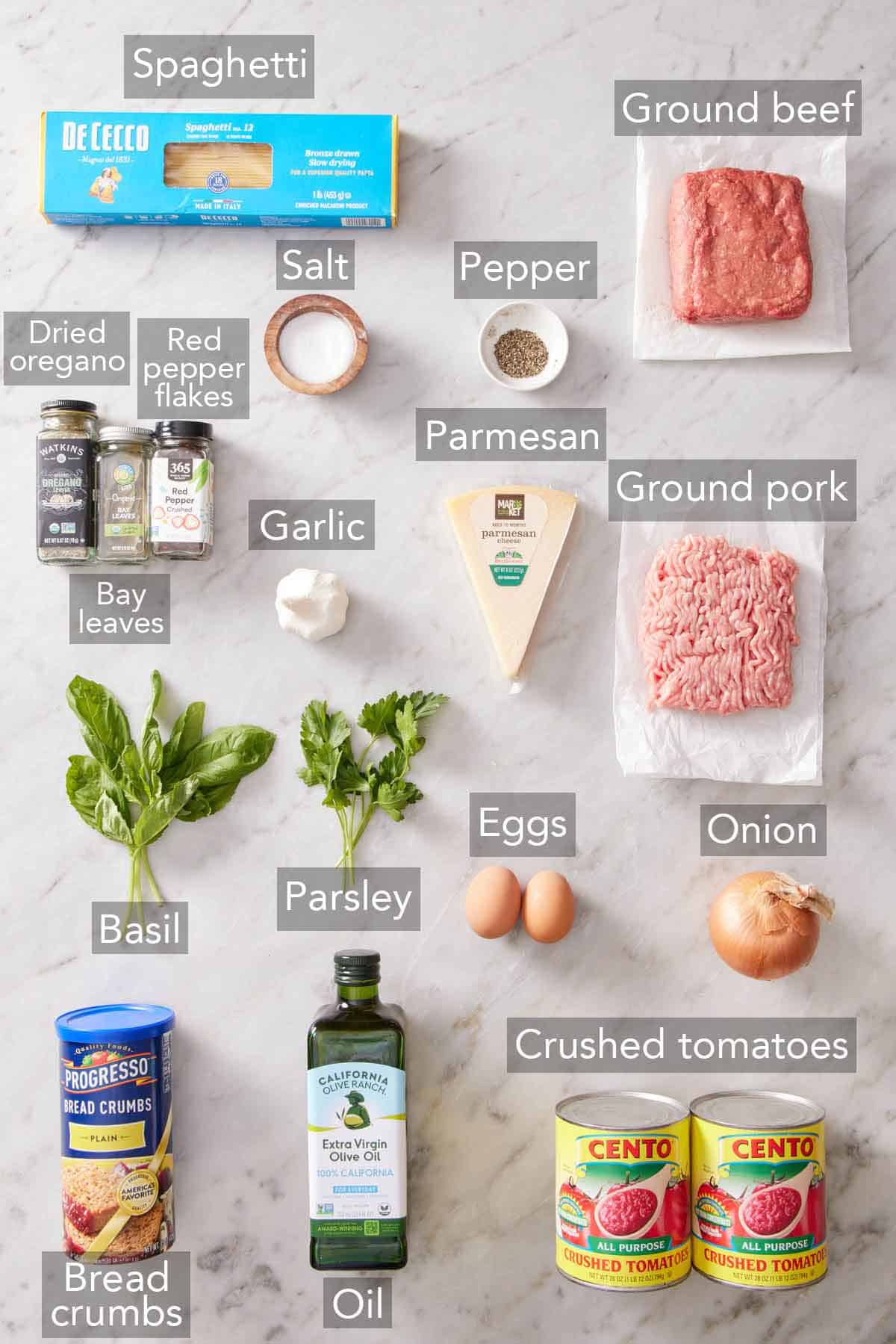 Ingredients needed to make spaghetti and meatballs.