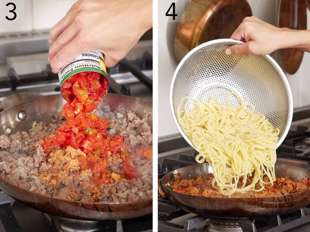 Set of two photos showing Rotel tomatoes and pasta added tot he skillet.