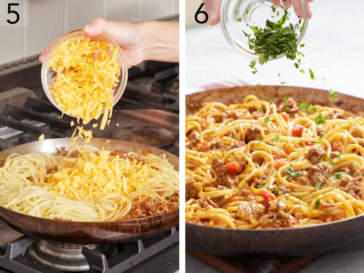 Set of two photos showing shredded cheese and cilantro added to the skillet.