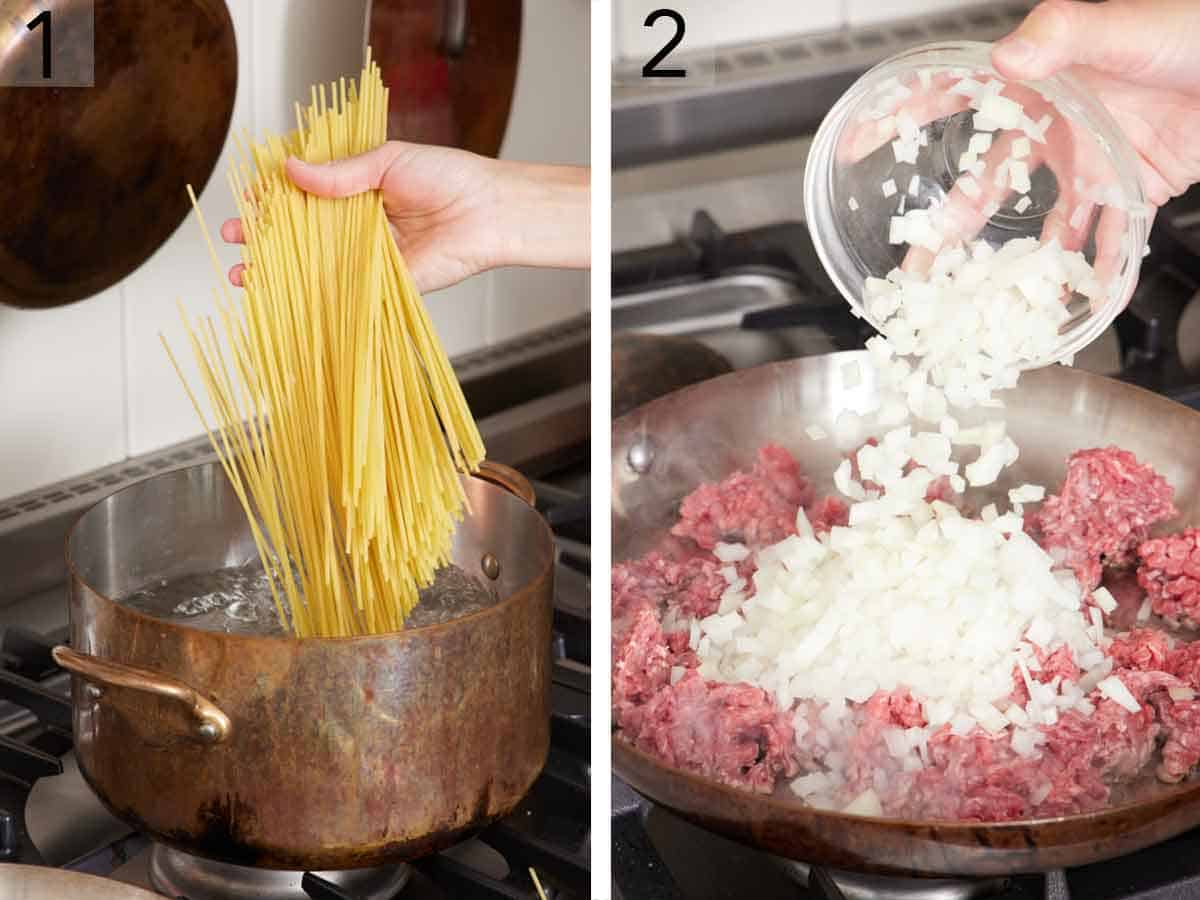 Set of two photos showing pasta added to a pot of water and onions added to ground beef in a skillet.