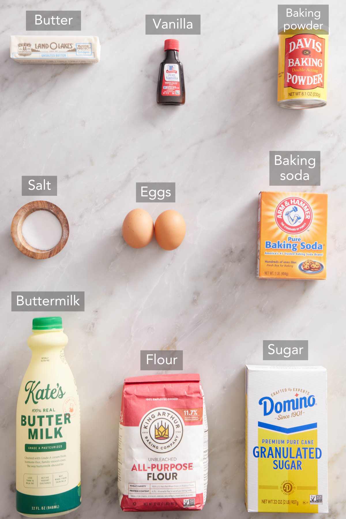 Ingredients needed to make buttermilk pancakes.
