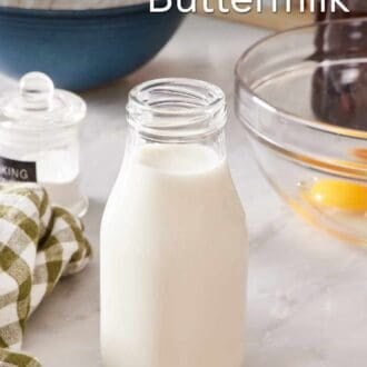 Pinterest graphic for how to make buttermilk, showing buttermilk in a glass container.