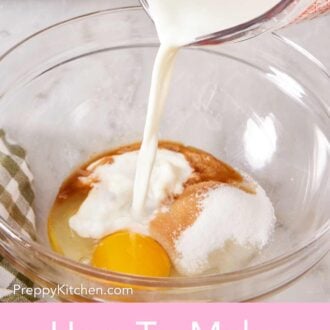 Pinterest graphic showing buttermilk poured into a bowl with other ingredients.