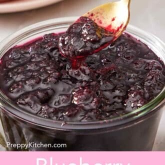 Pin image showing a close up of blueberry jam with a spoon dipped in.