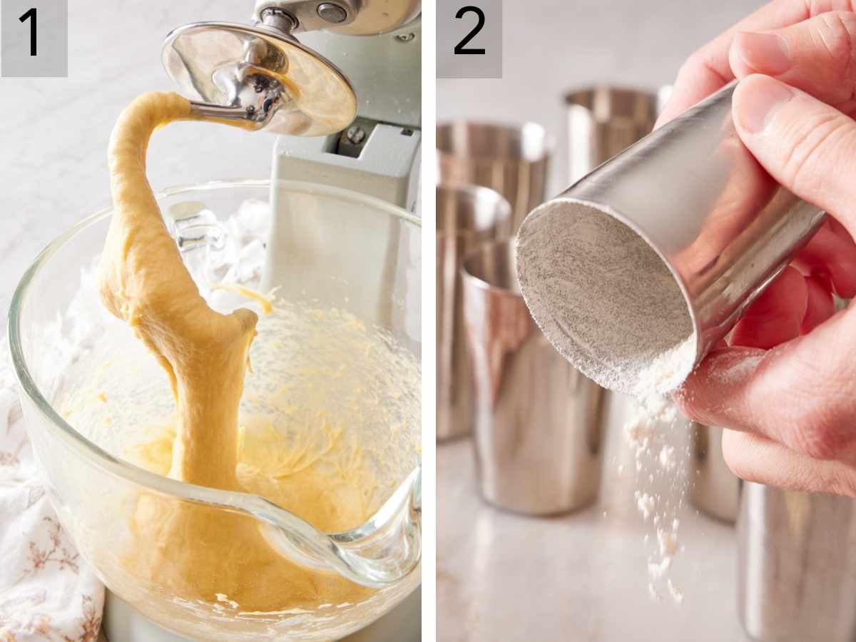 Set of two images showing dough made and baba molds greased and floured.