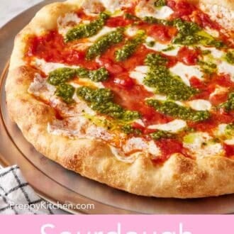 Pinterest graphic showing a pizza with homemade pesto on top.