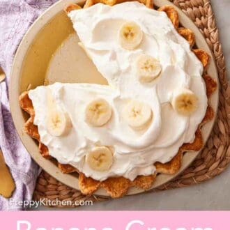 Pinterest graphic of a banana cream pie recipe with a slice cut out.