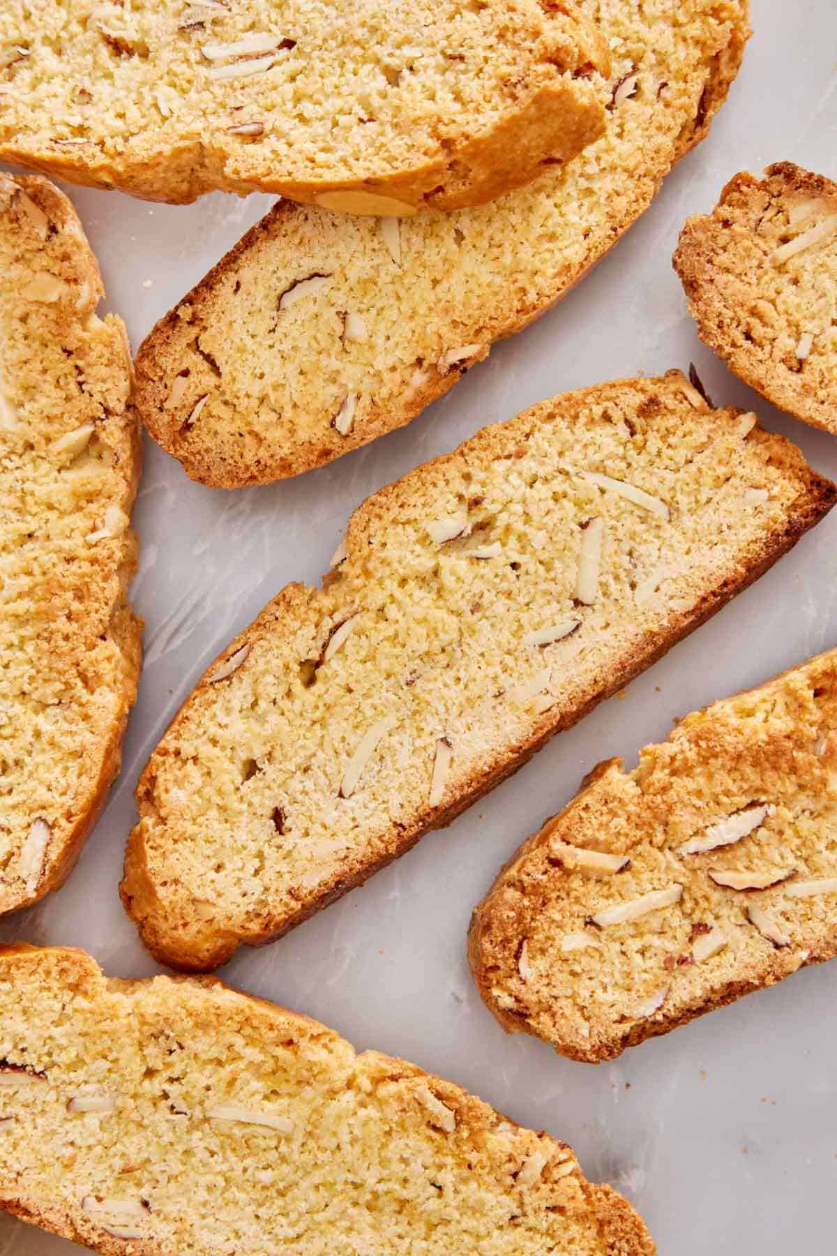 Close-up of homemade biscotti on a marble surface.