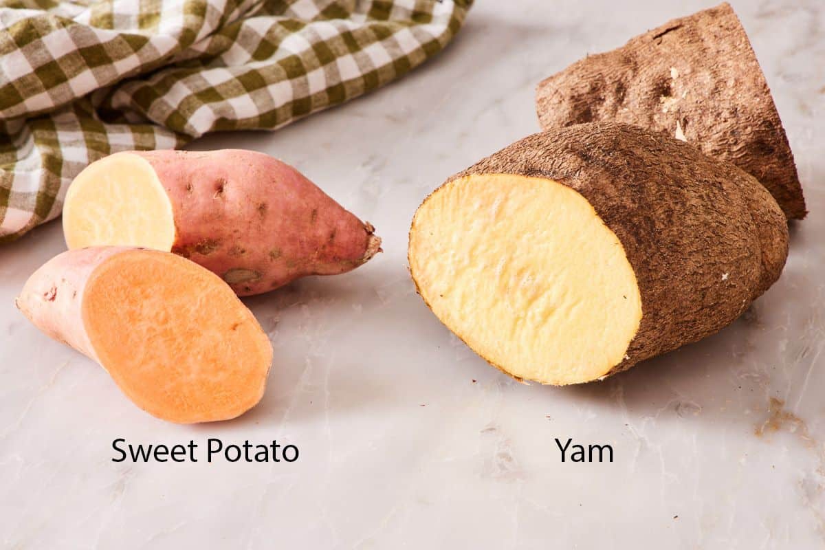 Comparison image of a sweet potato and a yam, showing the difference in the skin and flesh color.