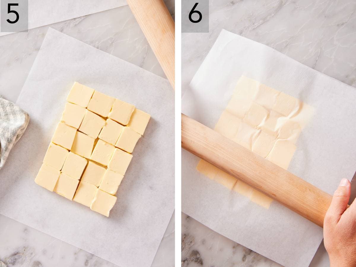 Set of two images showing beurrage prepared by placing butter pats between sheets of parchment paper and rolling it out.