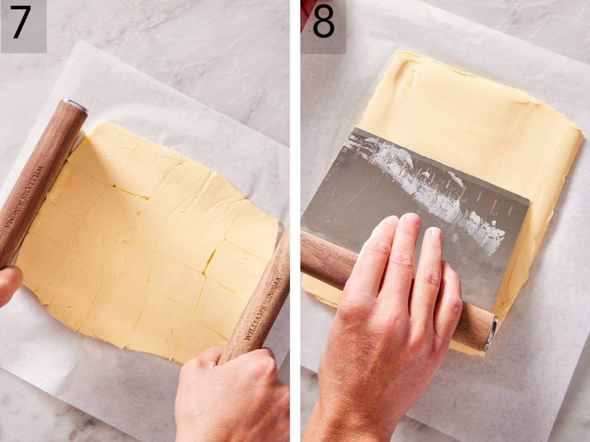 Set of two images showing beurrage prepared by shaping and smoothing out flattened butter block.