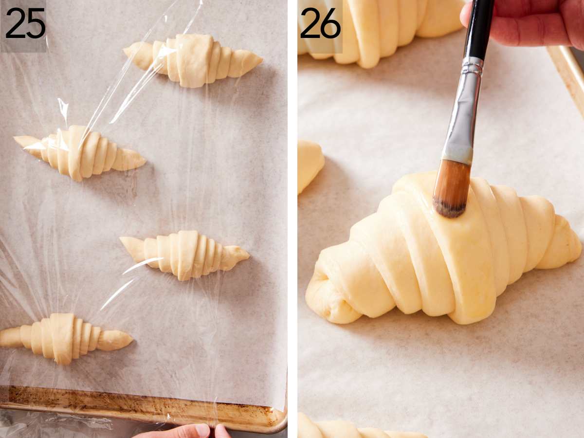 Set of two images showing croissants proofing then brushed with egg wash before baking.