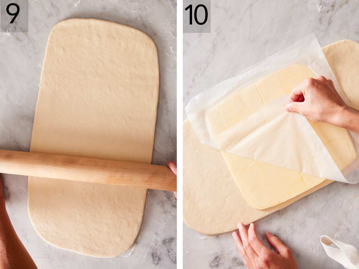 Set of two images showing croissant dough rolled out and beurrage placed on it.