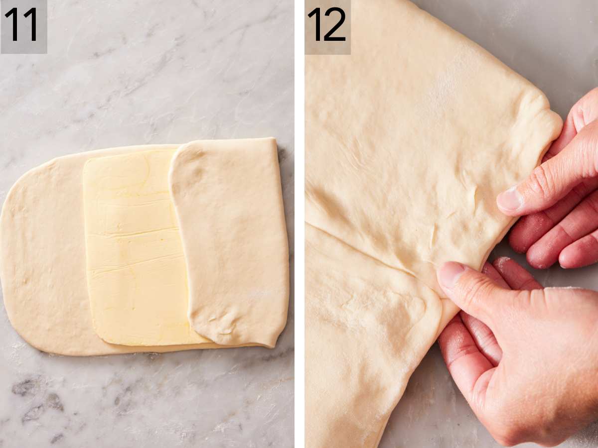 Set of two images showing dough folded over and pinched to encase the butter.