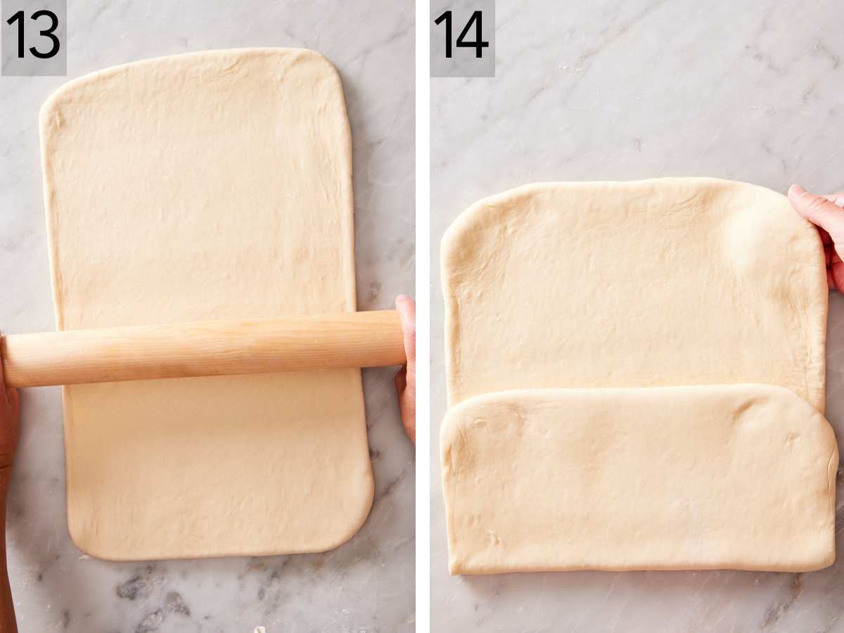 Set of two images showing dough rolled out and folded into the first letter fold.