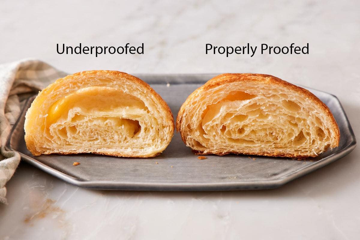 Comparison image showing underproofed and properly proofed croissants.