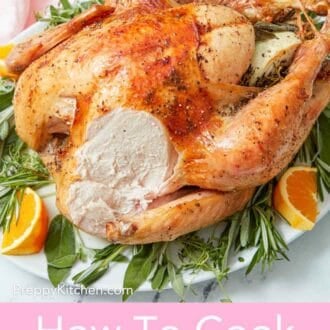 Pinterest graphic showing a roasted turkey on fresh herbs with a slice cut off.